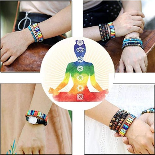 7 Chakra Bracelets with Healing Real Stones Bead Leather Wrap