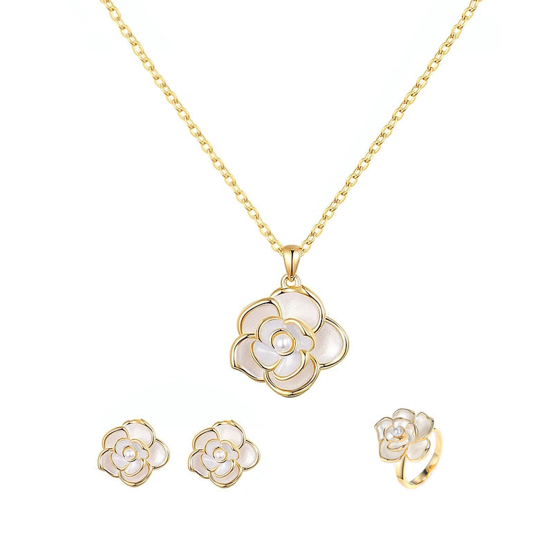 Rose Flower Necklace Earrings Set 18K Gold Plated Hypoallergenic