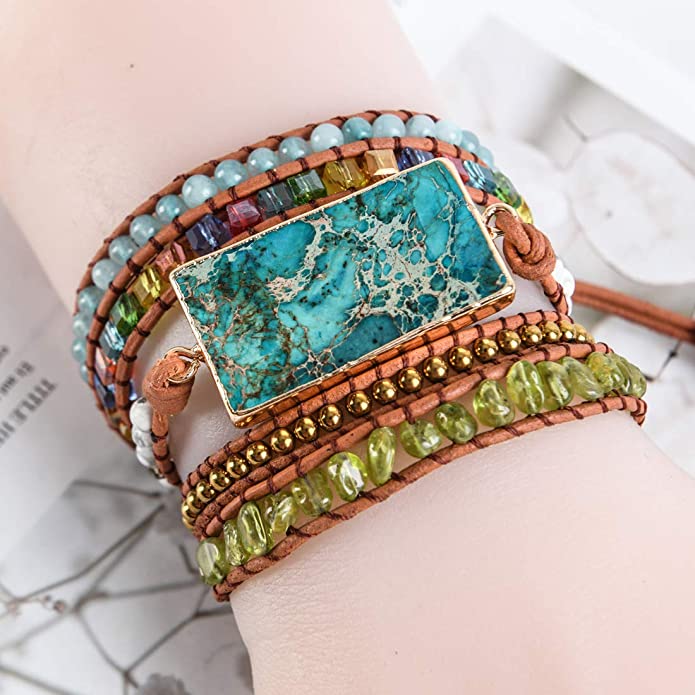 Boho Handmade Wrap Leather Tube Crystal Stone Bracelet for Women