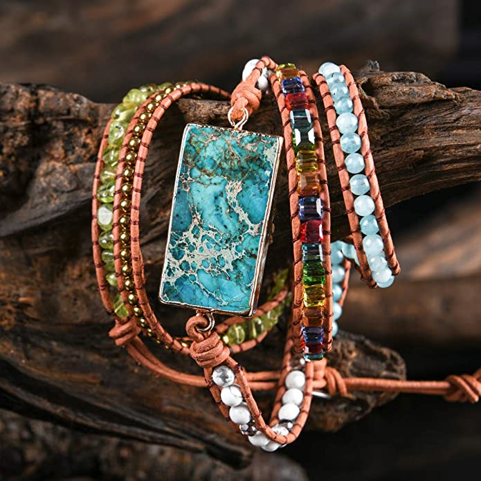 Boho Handmade Wrap Leather Tube Crystal Stone Bracelet for Women