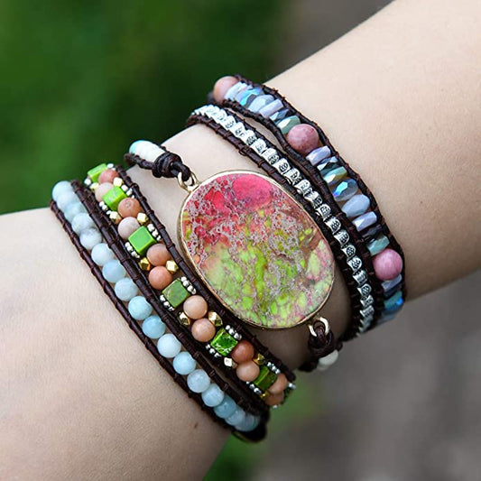 Boho Handmade Wrap Leather Tube Crystal Stone Bracelet for Women