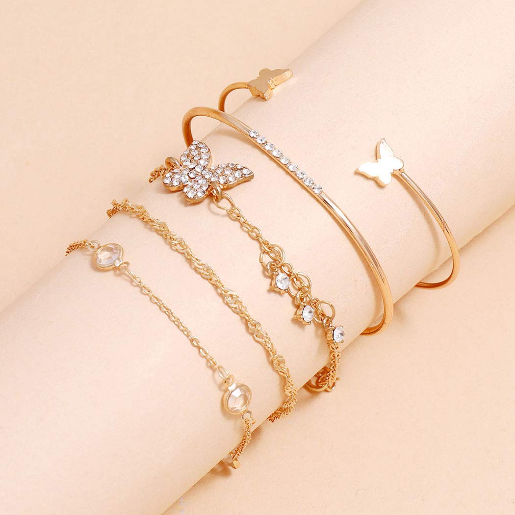 5PCS Crystal Bracelets Sets Gold Layered Butterflies Pendant