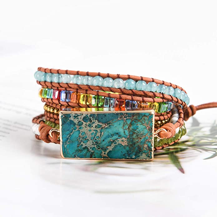 Boho Handmade Wrap Leather Tube Crystal Stone Bracelet for Women