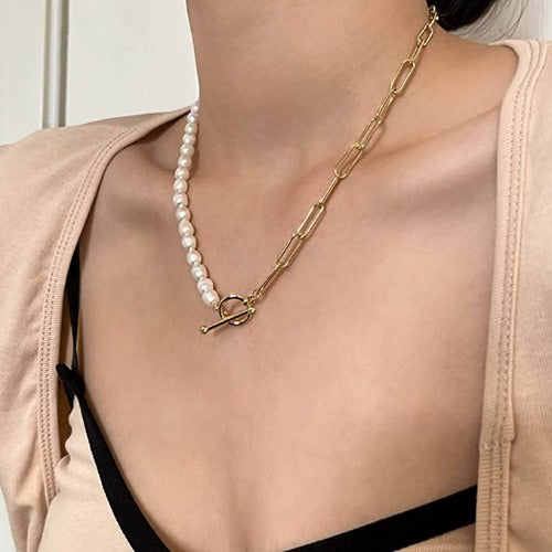 Pearl Necklace Vintage Chunky Link Chain 18K Gold Choker