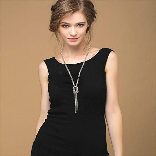 Crystal Knot Pendant Long Adjustable Rhinestone Necklace