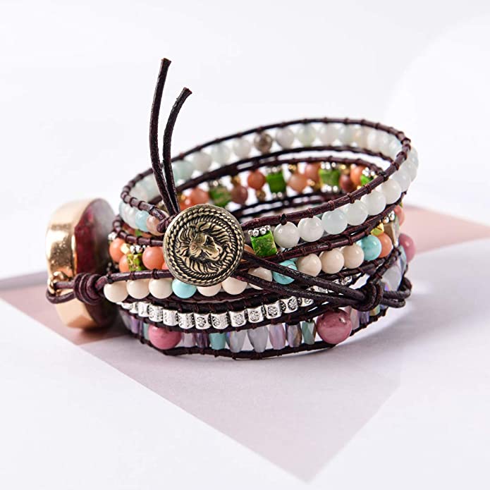 Boho Handmade Wrap Leather Tube Crystal Stone Bracelet for Women