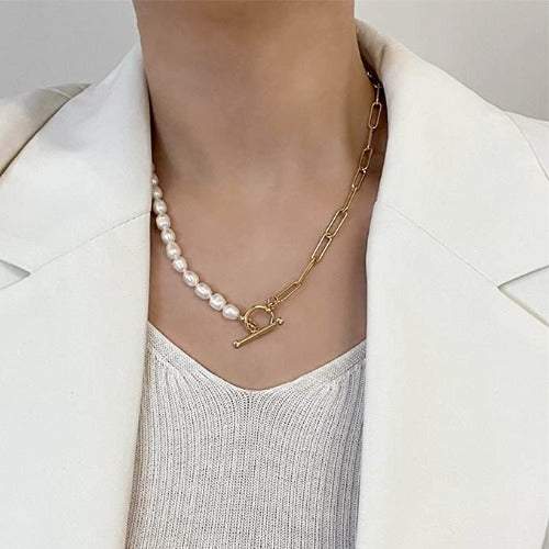 Pearl Necklace Vintage Chunky Link Chain 18K Gold Choker