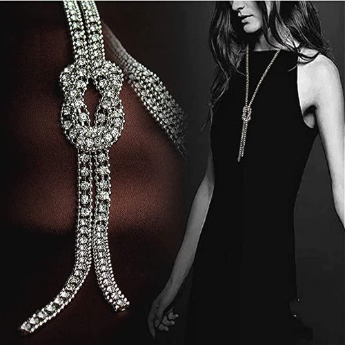 Crystal Knot Pendant Long Adjustable Rhinestone Necklace