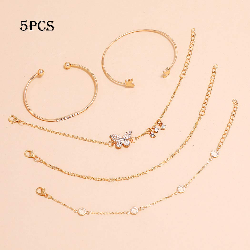 5PCS Crystal Bracelets Sets Gold Layered Butterflies Pendant