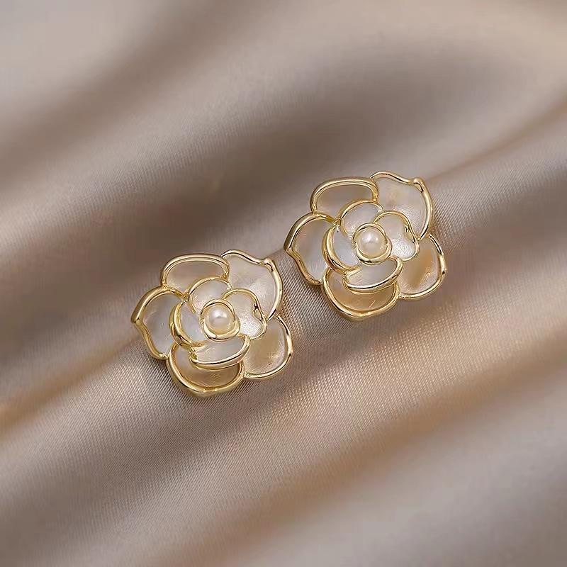 Rose Flower Necklace Earrings Set 18K Gold Plated Hypoallergenic