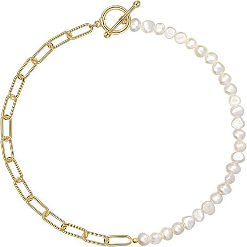 Pearl Necklace Vintage Chunky Link Chain 18K Gold Choker