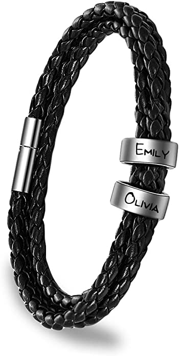 Personalized Mens Leather Bracelet Engraved with Names