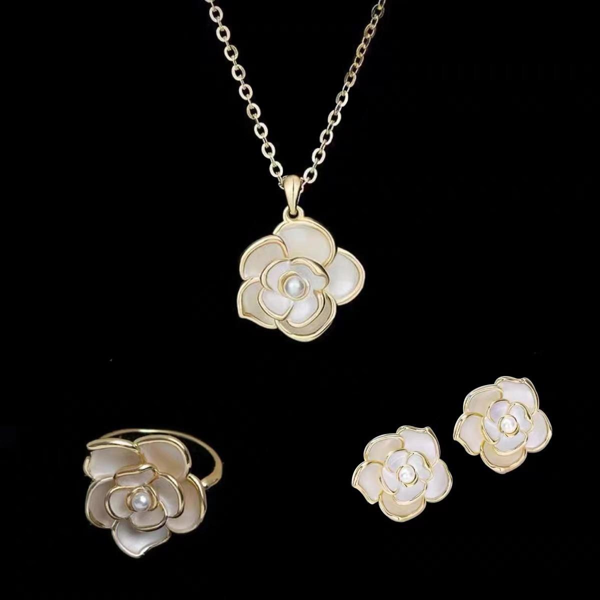 Rose Flower Necklace Earrings Set 18K Gold Plated Hypoallergenic