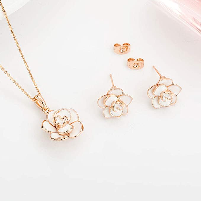 Rose Flower Necklace Earrings Set 18K Gold Plated Hypoallergenic