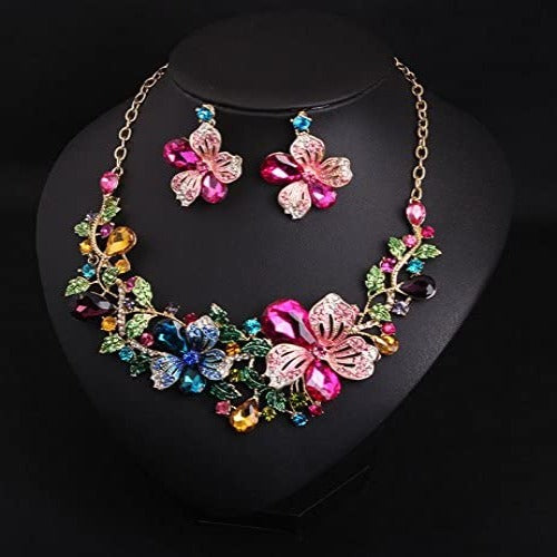 Diamond Crystal Flower Chain Choker Collar Necklace Earrings Set