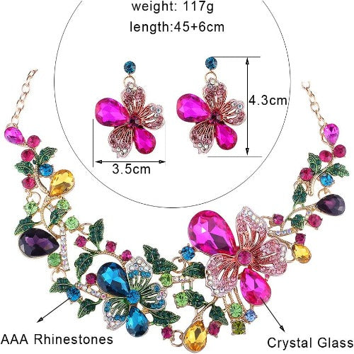 Diamond Crystal Flower Chain Choker Collar Necklace Earrings Set