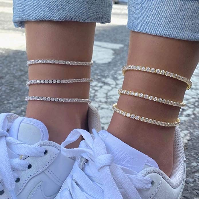 Tennis Chain Anklet 14K Gold Plated CZ Diamond Fashion Foot Jewelry