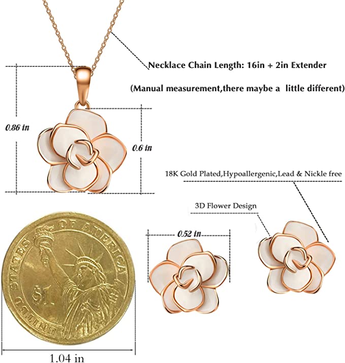 Rose Flower Necklace Earrings Set 18K Gold Plated Hypoallergenic