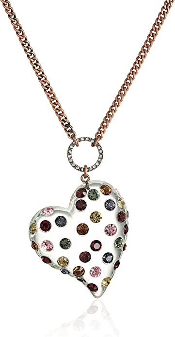 Mixed Multi-Colored Stone Lucite Heart Long Pendant Necklace