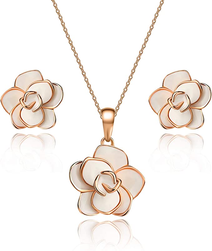 Rose Flower Necklace Earrings Set 18K Gold Plated Hypoallergenic