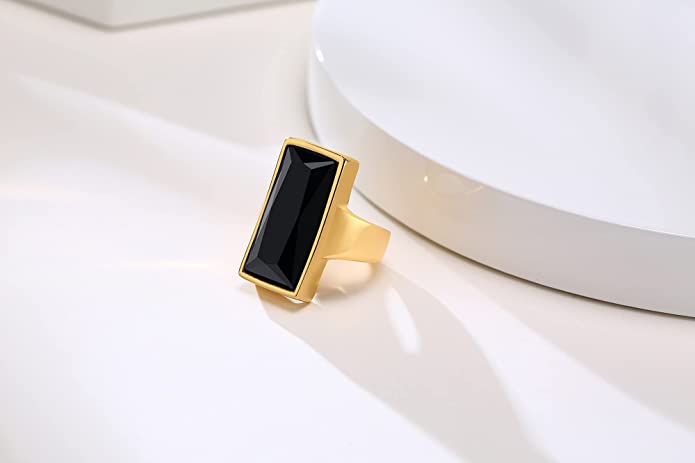 Stainless Steel Gold Plated  Black Crystal Ring